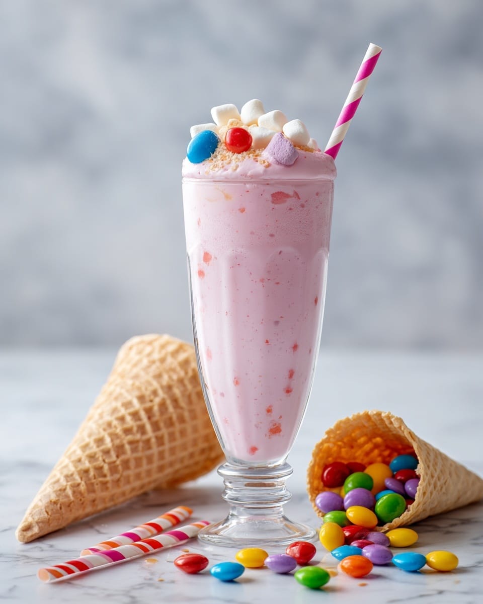 A tall clear glass filled with a pink creamy milkshake topped with small white marshmallows and colorful candy pieces, including a large blue candy and a smaller red candy floating near the surface. A pink and white striped straw is placed inside the milkshake on the left side. To the right, a white waffle cone lies on its side on a white marbled surface, spilling out more colorful round candies in various colors like red, green, yellow, and blue. Additional striped paper straws in orange, red, and purple are scattered around on the white marbled surface, creating a playful and bright scene. Photo taken with an iphone --ar 4:5 --v 7