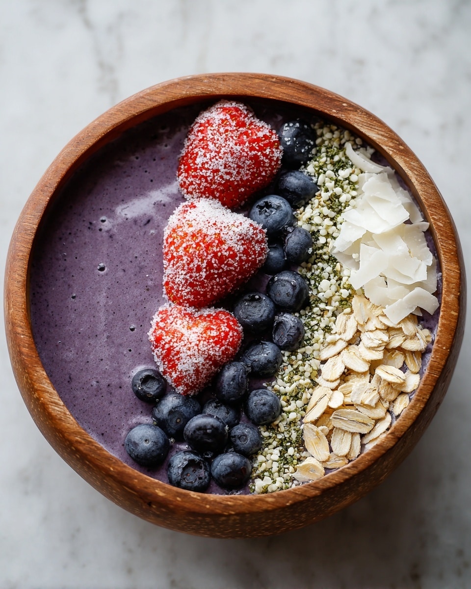 A wooden bowl filled with a smooth purple smoothie base, topped with two frosted red strawberries placed close to the center, a neat row of fresh, plump dark blue blueberries next to them on the right, and a generous pile of pale beige rolled oats and coconut flakes beside the blueberries. Small white and green hemp seeds are sprinkled lightly over the purple smoothie, all set on a white marbled textured surface. Photo taken with an iphone --ar 4:5 --v 7