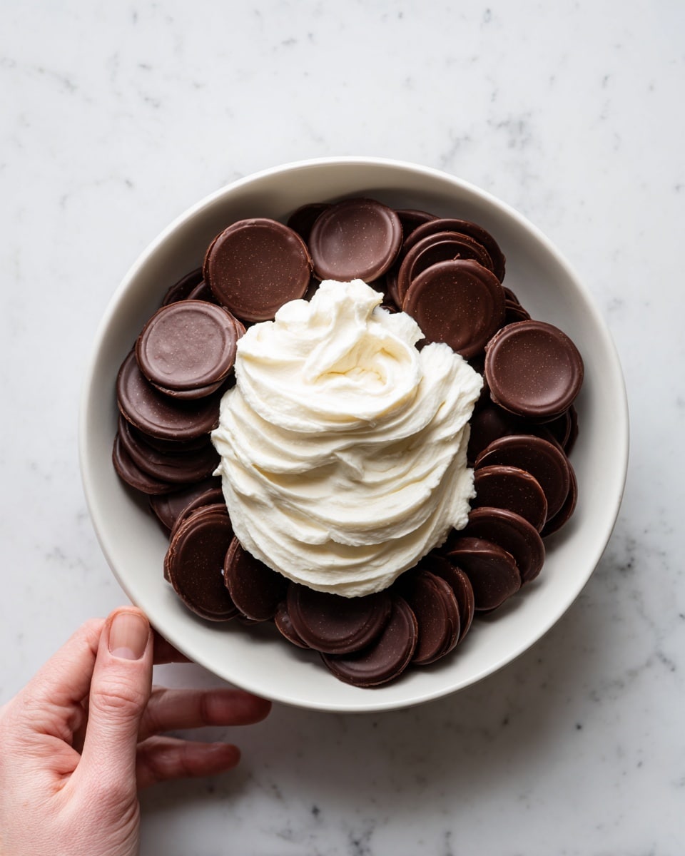 A white bowl filled with a single layer of small, round, dark brown chocolate disks with a glossy texture, topped in the center by a large dollop of soft, white, creamy substance that looks fluffy and smooth. The bowl is placed on a surface with a white marbled texture. A woman's hand is partially visible at the bottom right corner. photo taken with an iphone --ar 4:5 --v 7