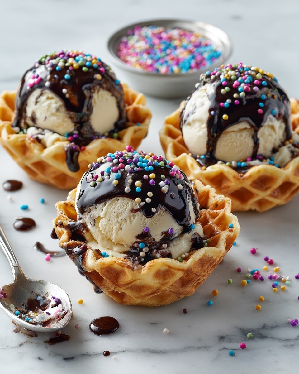 This image shows three waffle bowls each holding two light cream-colored scoops of ice cream with dark chocolate sauce dripping over them, topped with small round colorful sprinkles in blue, purple, pink, yellow, and green. The waffle bowls have a crunchy texture and are placed on a white marbled textured surface. A small round container filled with more colorful sprinkles is visible in the background. There is a metal spoon with some sprinkles in it lying near the waffle bowls. Some chocolate sauce drips and sprinkles are scattered on the surface. The photo is taken with an iphone --ar 4:5 --v 7