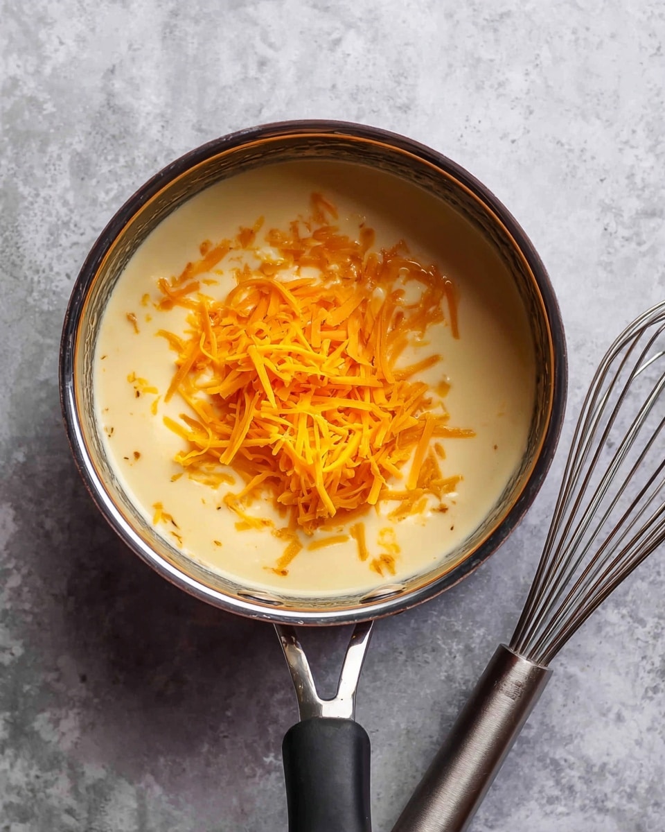 A shiny metal saucepan with a long handle contains a creamy, pale yellow sauce that fills the bottom. On top of the sauce, there is a layer of bright orange shredded cheese scattered mainly towards the center and spreading slightly outward. The saucepan rests on a white marbled surface, and next to it on the right side is a silver whisk with a metal handle. The scene is lit softly, showing texture in both the sauce and cheese. Photo taken with an iphone --ar 4:5 --v 7