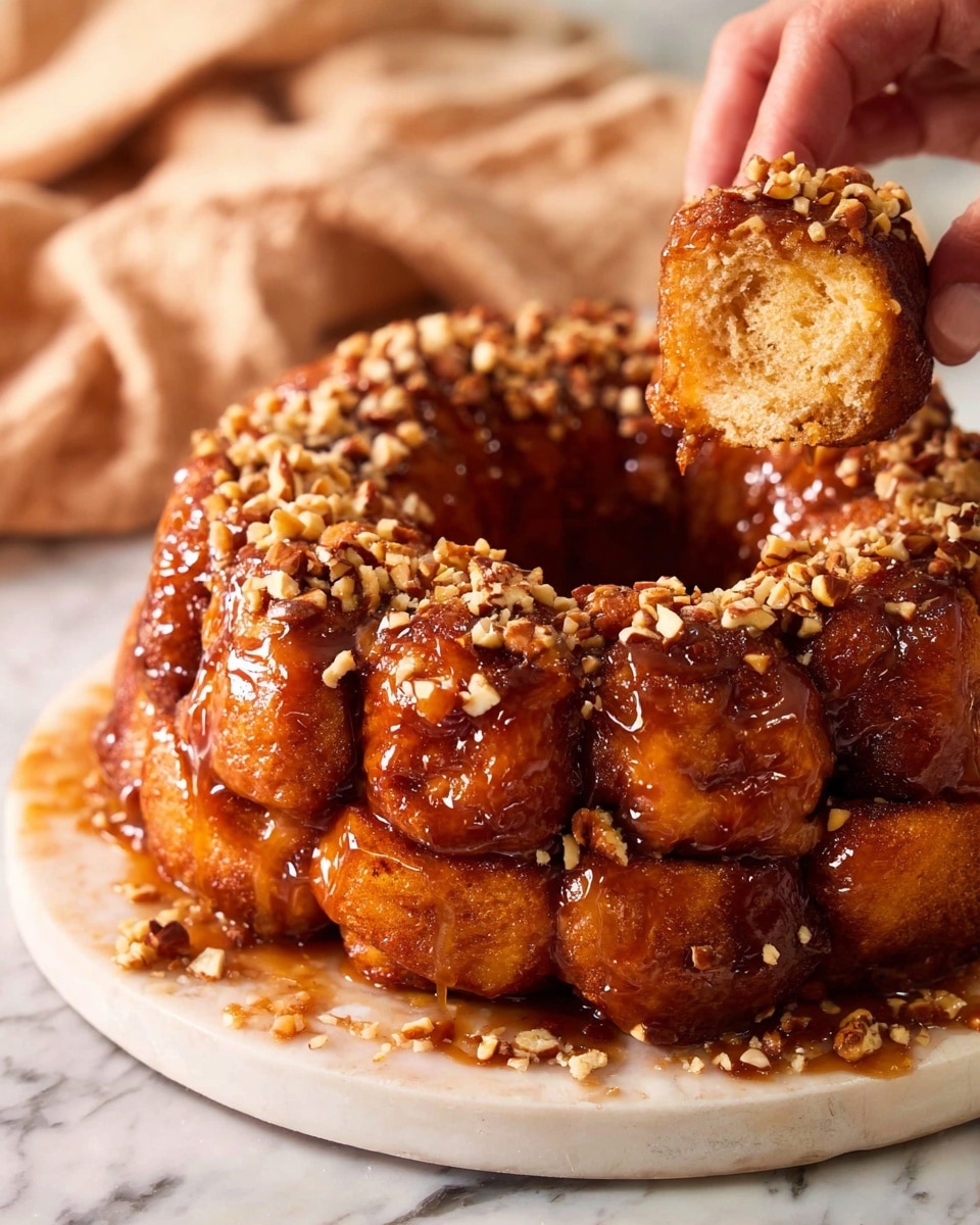 A round stack of sticky, golden brown monkey bread pieces is piled high on a white circular plate, each piece coated in shiny caramel sauce and topped with scattered chopped nuts. The bread layers show a soft, fluffy texture inside, visible where a woman's hand is pulling a piece from the edge. The plate rests on a white marbled surface with a light brown cloth in the background, adding warmth to the scene. Photo taken with an iphone --ar 4:5 --v 7