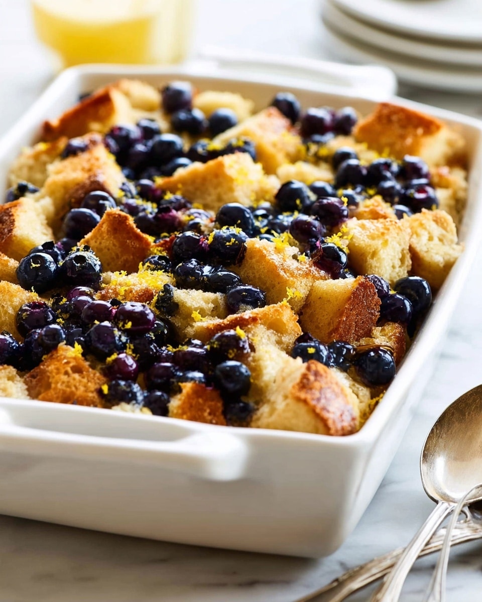 A close-up view of a white ceramic baking dish filled with a layered dessert, showing three main layers: the bottom has soft, golden-brown bread cubes with some toast edges, covered generously with shiny, plump blueberries scattered evenly throughout, and a light sprinkle of yellow lemon zest on top adding texture and color contrast. The dish sits on a white marbled surface with a silver vintage spoon to the side. The background is softly blurred for focus on the dish. Photo taken with an iphone --ar 4:5 --v 7