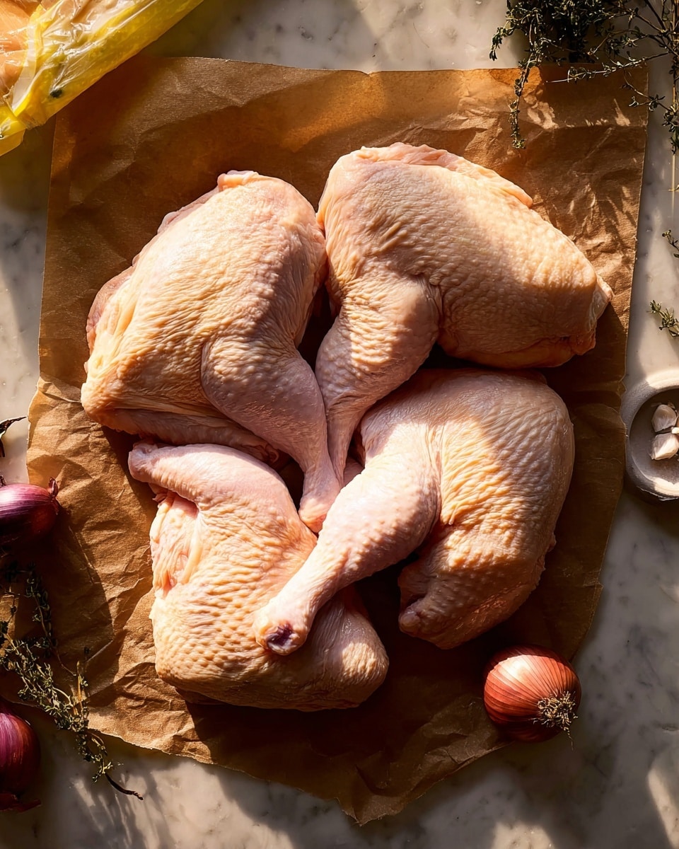 Raw chicken pieces are shown on brown paper over a white marbled surface. There are four main chicken pieces: two thighs with skin that have a pale pink and light beige color with a slightly bumpy texture, and two wings with the same color and texture positioned below the thighs. Around the chicken, there are some onions and shallots in shades of brown and purple, a clove of garlic, a sprig of green herb, and a yellow food package partially visible on the left side. Soft natural light casts shadows and highlights the details of the chicken skin and nearby ingredients. Photo taken with an iphone --ar 4:5 --v 7