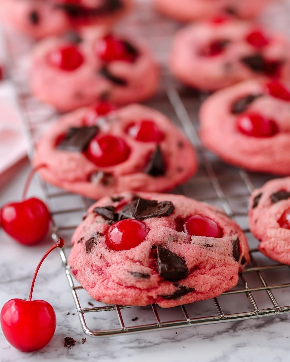 The image shows several pink cookies with dark chocolate chunks and bright red cherries on top, placed on a metal cooling rack. The cookies have a soft, slightly uneven texture with the cherries and chocolate chunks partly embedded in the dough. Some whole cherries with stems lean against the cookies on the white marbled surface below the rack. The focus is on one cookie in the front center, with other cookies and cherries softly blurred in the background. Photo taken with an iphone --ar 4:5 --v 7