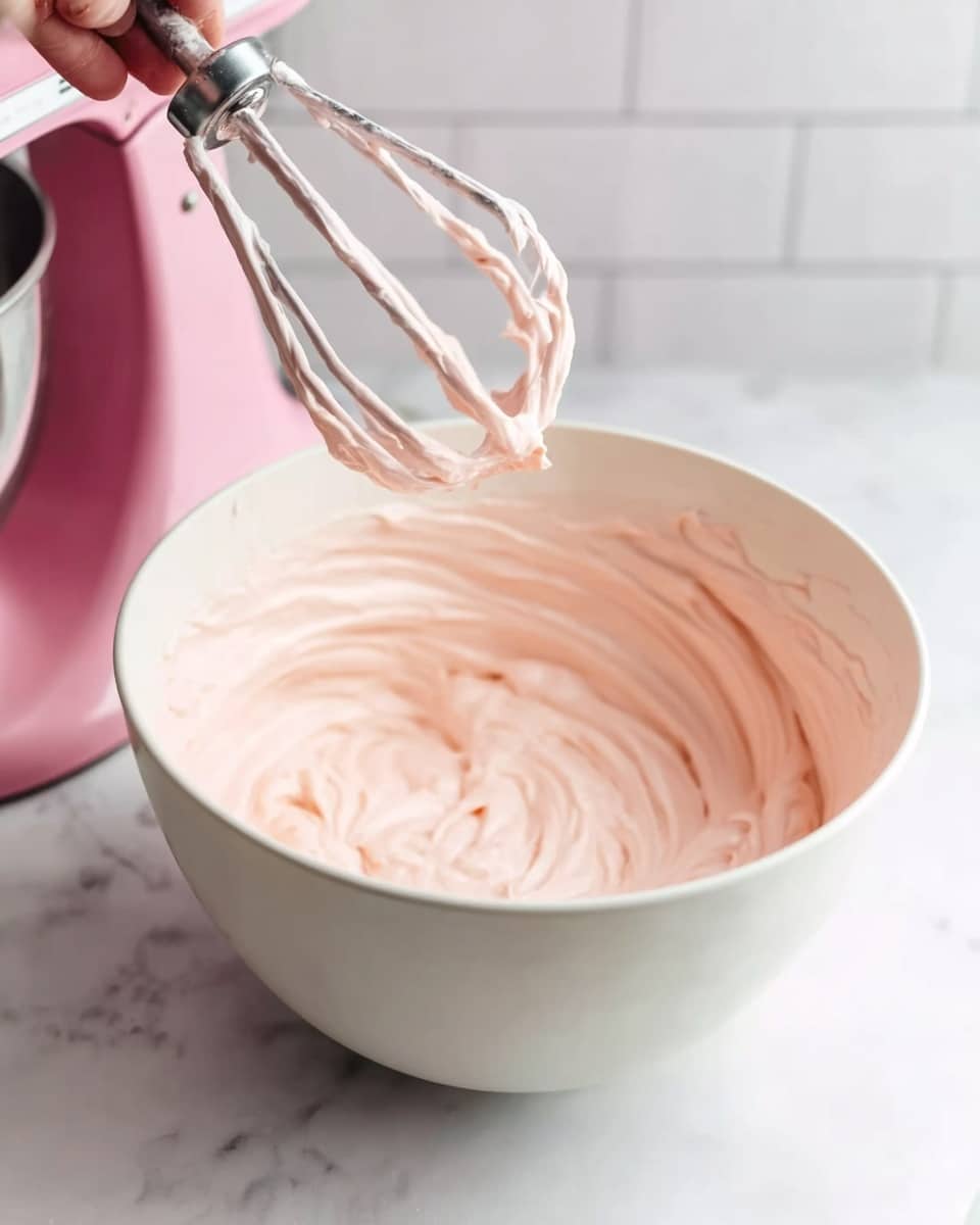 A white mixing bowl filled with light pink creamy batter, smooth and fluffy with soft swirls. Above the bowl, a hand mixer with two beaters is held by a woman's hand, coated with the same pink batter. The bowl sits on a white marbled surface with a subtle shine. In the background, a part of a pink stand mixer is visible on the left side. photo taken with an iphone --ar 4:5 --v 7