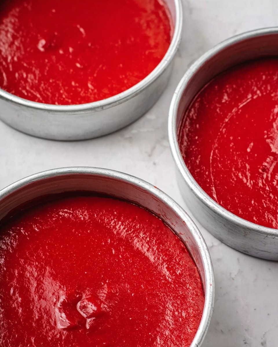 Three round metal cake pans filled with smooth, shiny, bright red batter, each pan showing a thick, even layer of batter that looks moist and glossy. The pans are positioned closely on a white marbled surface, with soft natural light creating slight reflections on the batter’s surface. The batter looks rich and dense with a few small bubbles and texture marks on top. Photo taken with an iphone --ar 4:5 --v 7
