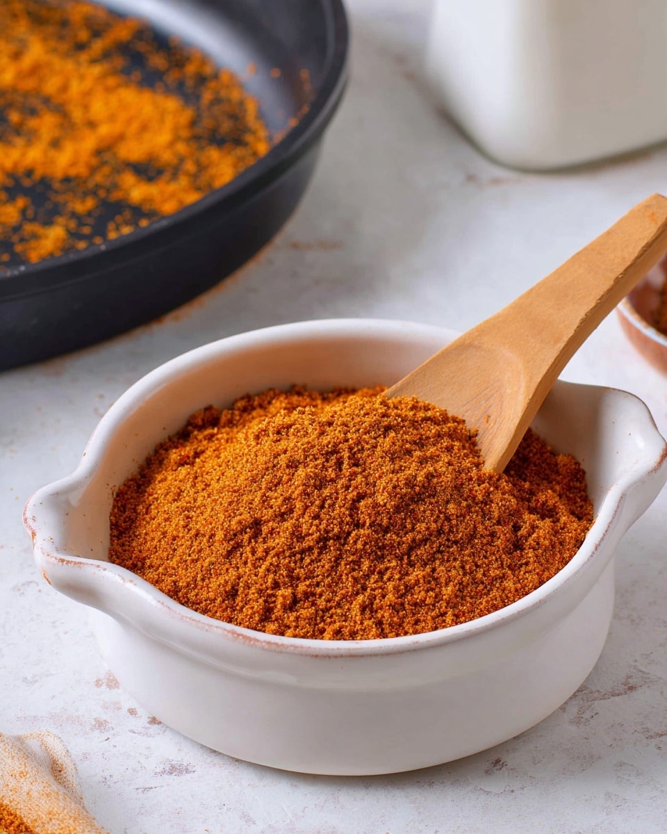 A white bowl with two handles is filled with a mound of finely ground orange-brown spice powder. A small light wooden spoon rests halfway buried in the spice, angled from the bottom left towards the center. The bowl sits on a white marbled textured surface. In the background, there is a white container partially visible on the right side and a dark round pan with some orange spice residue on the left side. photo taken with an iphone --ar 4:5 --v 7