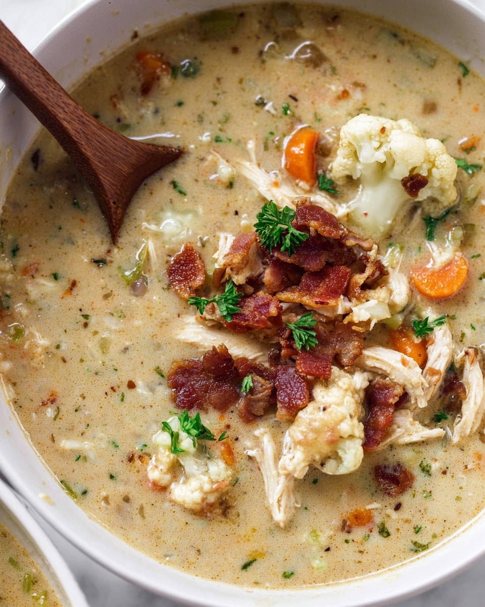 The image shows a close-up of thick creamy soup in a white bowl placed on a white marbled surface. The soup has a light beige color with visible pieces of shredded white chicken, small orange carrot slices, and brown crispy bacon bits scattered on top. There are small green parsley leaves sprinkled over the soup. A wooden spoon rests inside the bowl, partially submerged in the soup, showing the chunky texture with some bubbles and small cauliflower pieces mixed in. Photo taken with an iphone --ar 4:5 --v 7