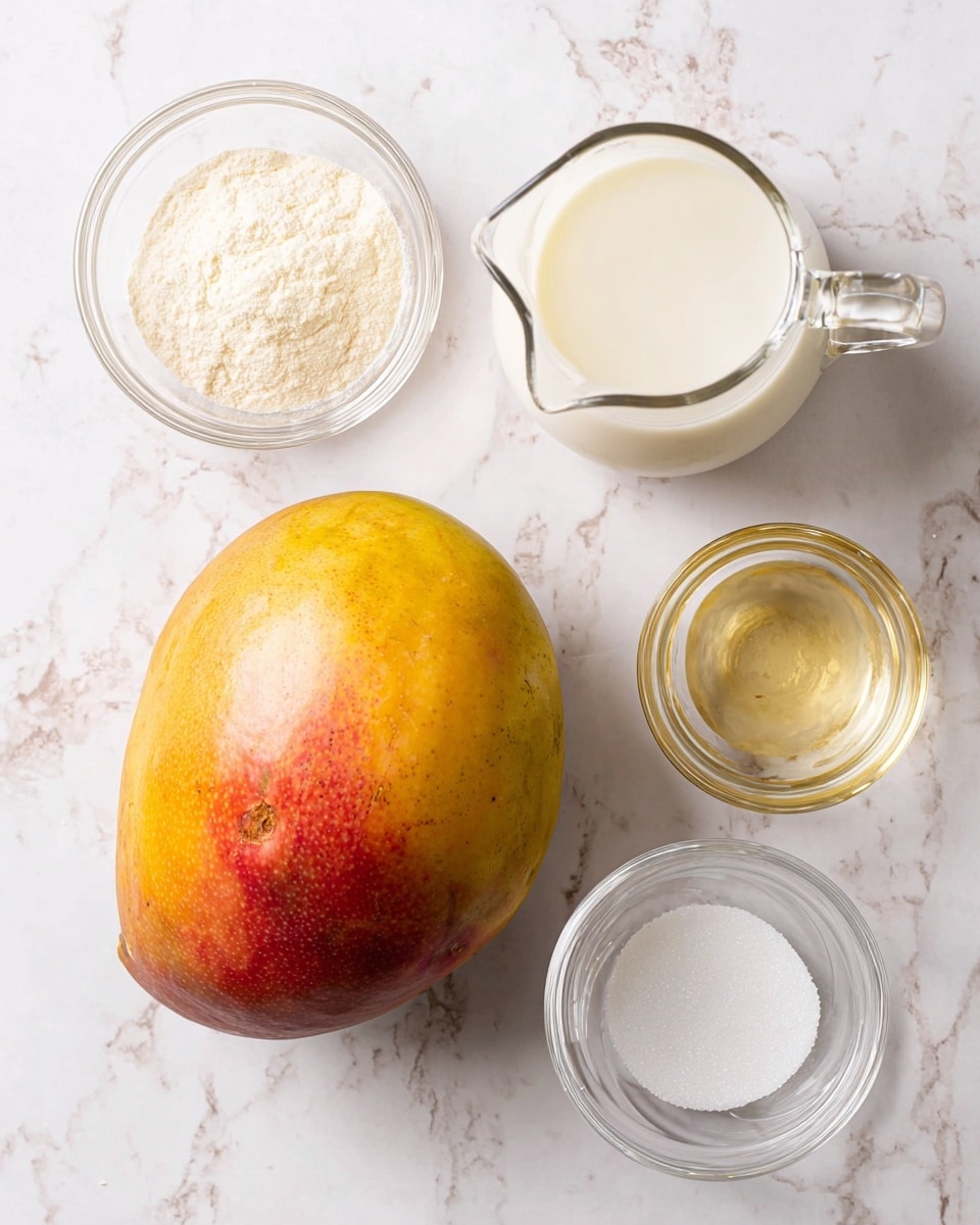 A ripe mango with a mix of yellow, orange, and red skin placed centrally on a white marbled surface, surrounded by four clear glass bowls: the top left bowl holds a pale, fine powder; the top right contains a creamy white liquid in a small glass pitcher with a handle and spout; the bottom left has white granulated sugar; and the bottom right has a light golden liquid, all arranged neatly around the mango. photo taken with an iphone --ar 4:5 --v 7