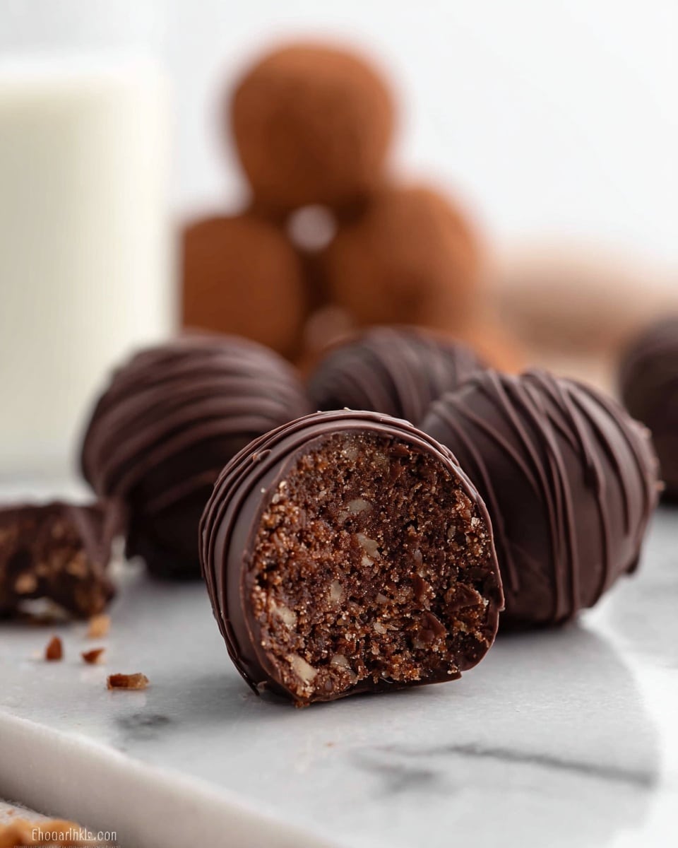 The image shows a close-up view of round chocolate truffles with a textured dark brown outer shell drizzled with thin, slightly darker chocolate lines, arranged on a white marbled surface. The front truffle is cut in half, revealing a dense, crumbly, dark brown interior with light specks and small nut pieces inside. In the background, there is a stack of whole truffles in varying shades of dark and milk chocolate. A blurred glass of milk is visible to the left, adding to the cozy presentation. photo taken with an iphone --ar 4:5 --v 7