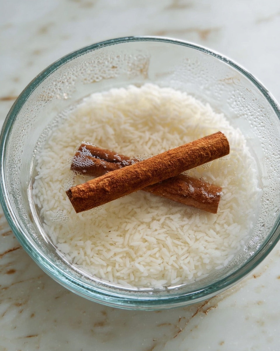A clear glass bowl sits on a surface with a white marbled texture, filled with plain white rice soaked in water. Two cinnamon sticks float on top, positioned diagonally across each other, with visible texture and a warm brown color. The rice grains are soft and spread evenly at the bottom, slightly puffed from absorbing water. The bowl shows water condensation on the inside, giving a fresh and clean look. Photo taken with an iphone --ar 4:5 --v 7