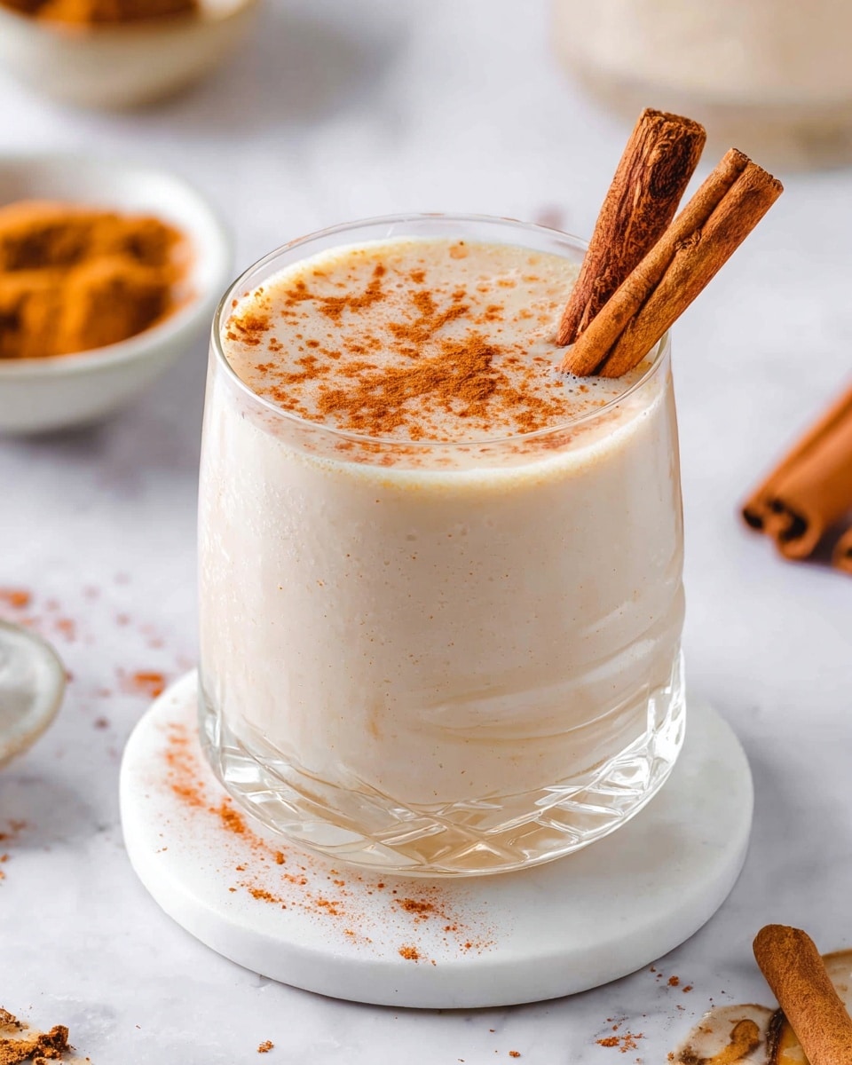 A clear glass filled with a thick, creamy light beige drink, topped with a sprinkle of cinnamon powder and two cinnamon sticks resting diagonally on the surface, placed on a small white round coaster. Around the glass, there are loose cinnamon sticks and bowls with cinnamon powder, all set on a white marbled surface. The background is softly blurred, keeping focus on the glass drink. photo taken with an iphone --ar 4:5 --v 7