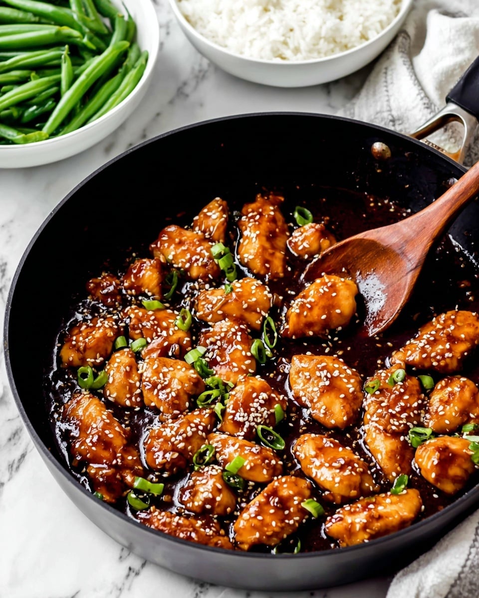 A black pan filled with several pieces of golden brown chicken coated in a shiny dark brown sauce, garnished with white sesame seeds and chopped green onions scattered on top; a wooden spoon with sauce on it rests inside the pan on the right side. In the background, there are two white bowls, one filled with white rice and the other with bright green beans, all set on a white marbled surface. Photo taken with an iphone --ar 4:5 --v 7