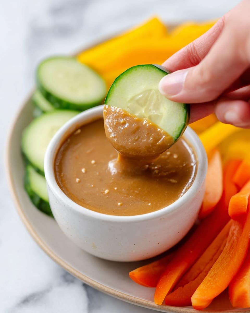 A woman's hand is holding a round cucumber slice dipped halfway into a thick, light brown sauce inside a white small bowl. The bowl sits on a plate with pieces of bright orange carrot sticks and yellow bell pepper strips in soft focus behind it, on a white marbled surface. The cucumber slice shows a green peel with a pale green center and visible seeds. The sauce has a smooth, creamy texture with some small specks. Photo taken with an iphone --ar 4:5 --v 7