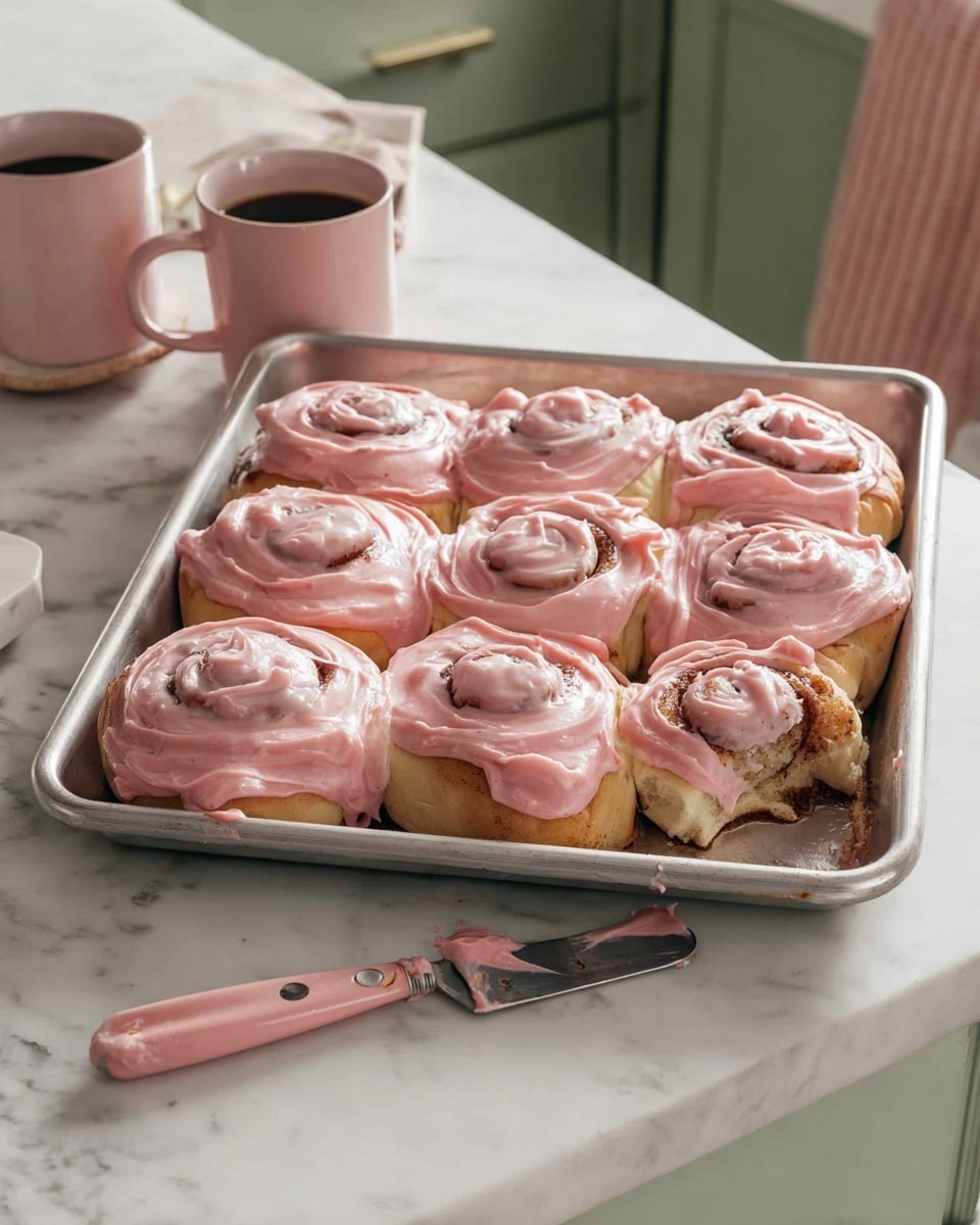 A metal baking tray holds twelve cinnamon rolls arranged close together in three rows of four. Each roll has a thick layer of pink frosting spread unevenly on top, with golden brown cinnamon swirls visible beneath the frosting. One roll in the front right has a bite taken out, showing the soft dough and cinnamon filling inside. A small butter knife with pink frosting on the blade rests on the corner of the tray. The tray sits on a white marbled countertop with two pink mugs of coffee placed near the back edge. A soft pink cloth hangs over the edge of a green kitchen cabinet in the background. Photo taken with an iphone --ar 4:5 --v 7