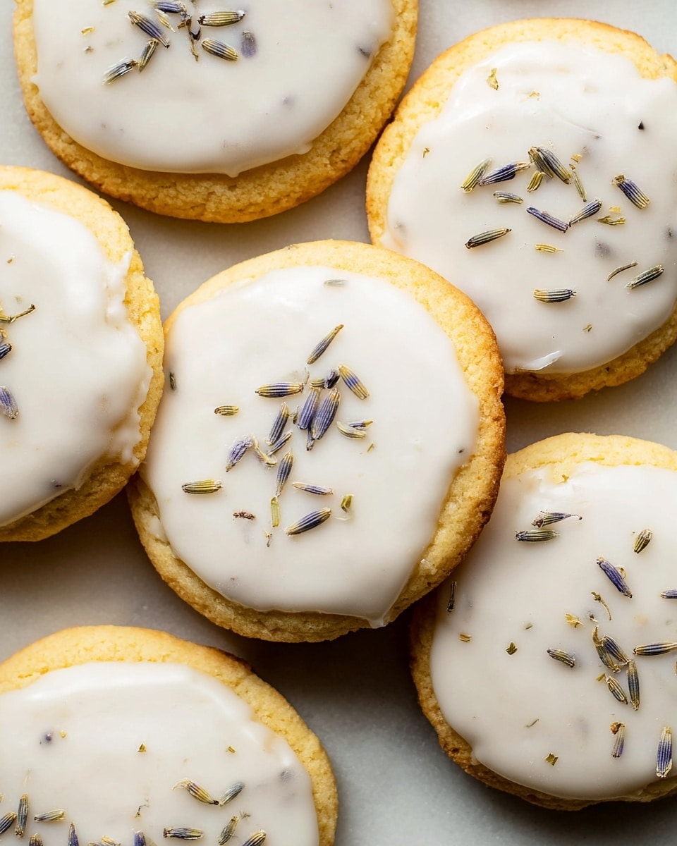 The image shows a close-up of several round cookies with a light golden-yellow base layer that looks soft and slightly thick. Each cookie is topped with a smooth, glossy white icing layer that covers most of the top surface but does not reach the edges fully, giving a rim of cookie color around. Some cookies are sprinkled with small dried lavender buds, adding a touch of purple and green against the white icing. The cookies are placed close together on a white marbled surface, showing slight texture and natural imperfections. The overall look is simple but inviting, focusing on the soft texture and light colors of the cookies. photo taken with an iphone --ar 4:5 --v 7