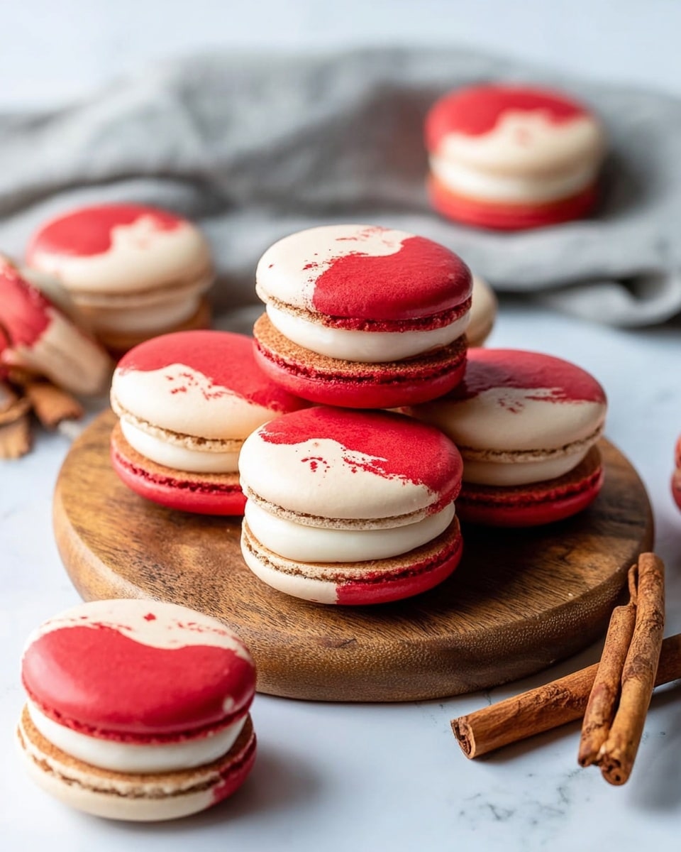 The image shows a group of colorful macarons arranged in a loose pile on a small, round wooden board placed on a white marbled surface. Each macaron has two smooth shells, one bright red and the other cream-colored with a red splash design on top, sandwiching a thick layer of creamy white filling. The macarons display a shiny, slightly textured surface with clean edges. In the background, some cinnamon sticks lie casually, and a soft gray cloth is slightly blurred. The white marbled backdrop adds a clean, fresh look to the whole scene. photo taken with an iphone --ar 4:5 --v 7