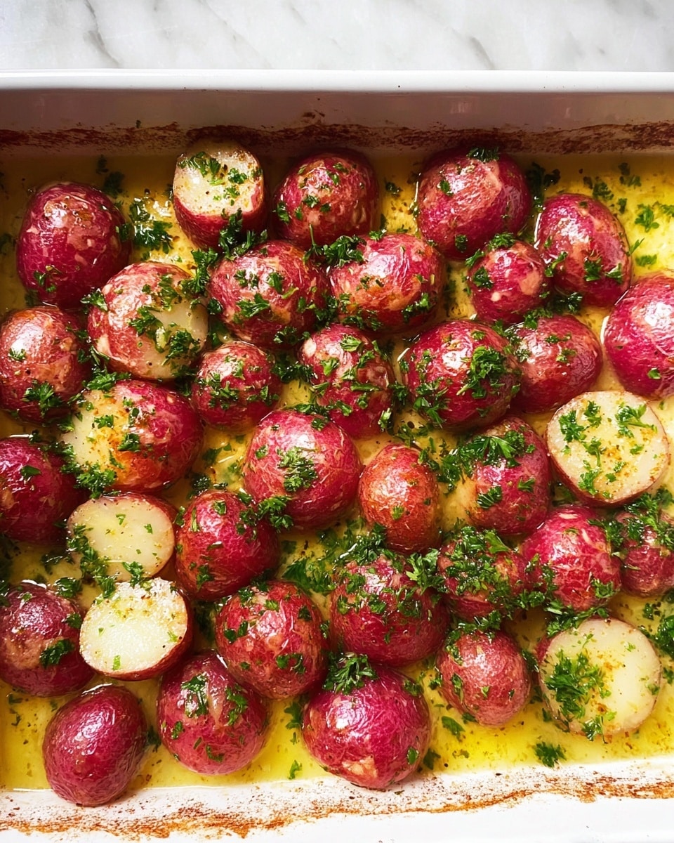 The image shows a white rectangular dish filled with two layers of small whole red potatoes, some halved, cooked in a shiny golden butter sauce that pools around them. The potatoes have a slightly browned texture on top, and chopped green parsley is scattered evenly over the dish. The edges of the dish show some browning from cooking, adding a rustic look. The whole scene is set on a white marbled surface. photo taken with an iphone --ar 4:5 --v 7