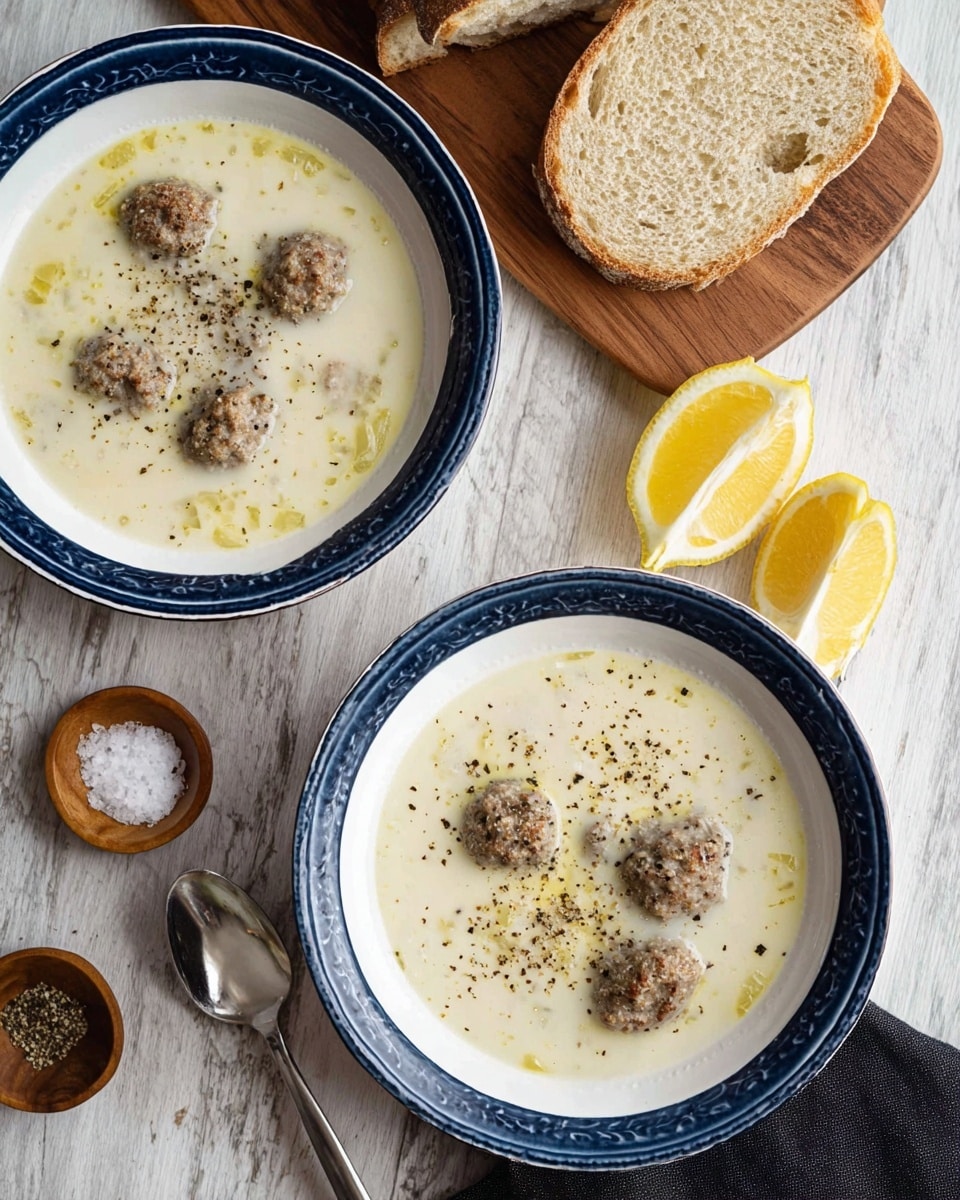 Two white bowls with blue rims hold creamy white soup with small brown meatballs floating on top, sprinkled with black pepper. One bowl is placed near the top right and the other near the bottom left of the frame on a wooden surface. Two thick slices of light brown bread are placed next to the top bowl. Two lemon wedges, bright yellow with white inner flesh, are placed near the bread. Small wooden bowls containing salt and pepper sit near the bottom right, along with a silver spoon on a black cloth napkin. The background is a white marbled texture. photo taken with an iphone --ar 4:5 --v 7