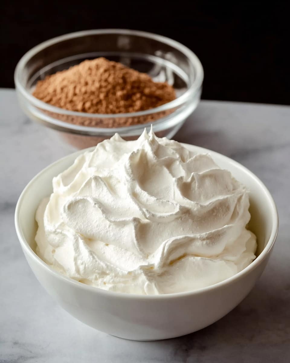 A white bowl filled with a large mound of smooth, fluffy white whipped cream-like texture sits in the front center, with soft peaks and swirls visible on its surface. Behind this bowl, slightly out of focus, is a smaller clear glass bowl filled with a fine, crumbly light brown powder, likely cocoa or cinnamon. The scene is set against a dark background with the bowls placed on a white marbled texture surface. photo taken with an iphone --ar 4:5 --v 7