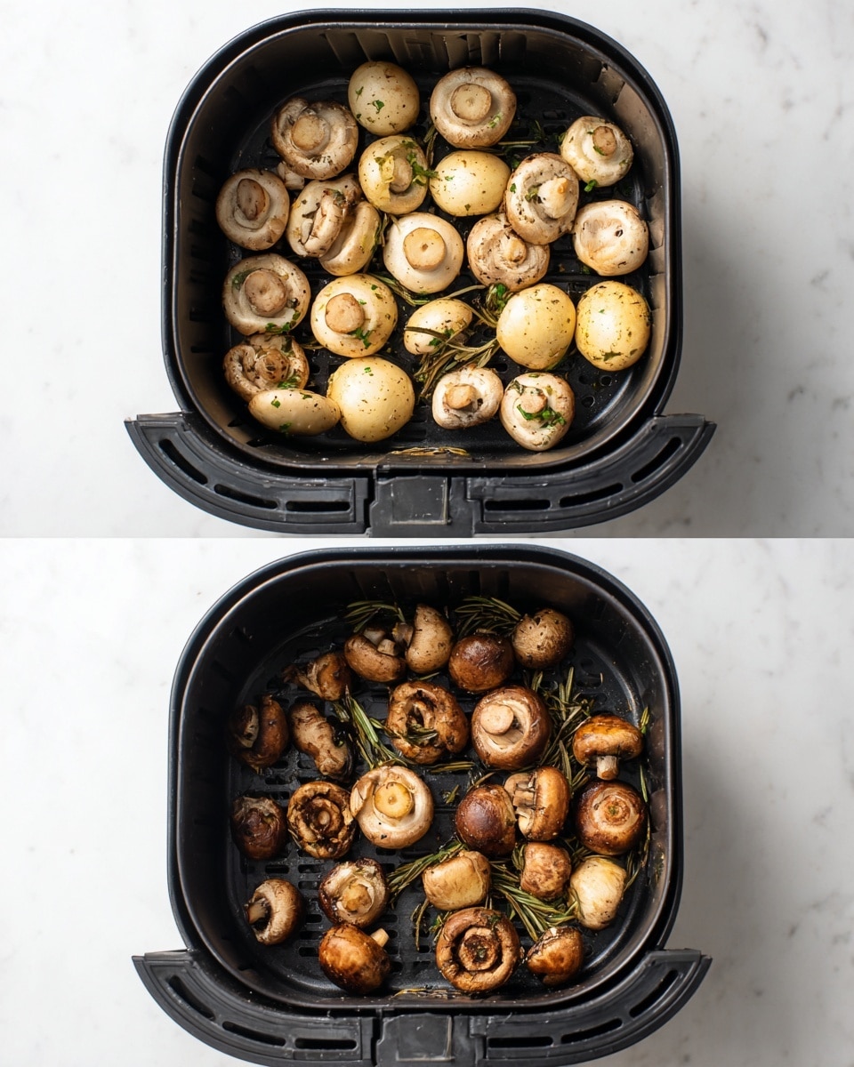 Two images show mushrooms inside a black air fryer basket placed on a white marbled surface. In the first image, the mushrooms are raw and halved, with colors of light brown and cream, sprinkled evenly with herbs and spices, displaying a fresh, slightly moist texture. In the second image, the mushrooms are cooked with a darker, richer brown color, showing a drier, roasted texture with some visible herbs like rosemary among them, still spread evenly across the basket. Photo taken with an iphone --ar 4:5 --v 7