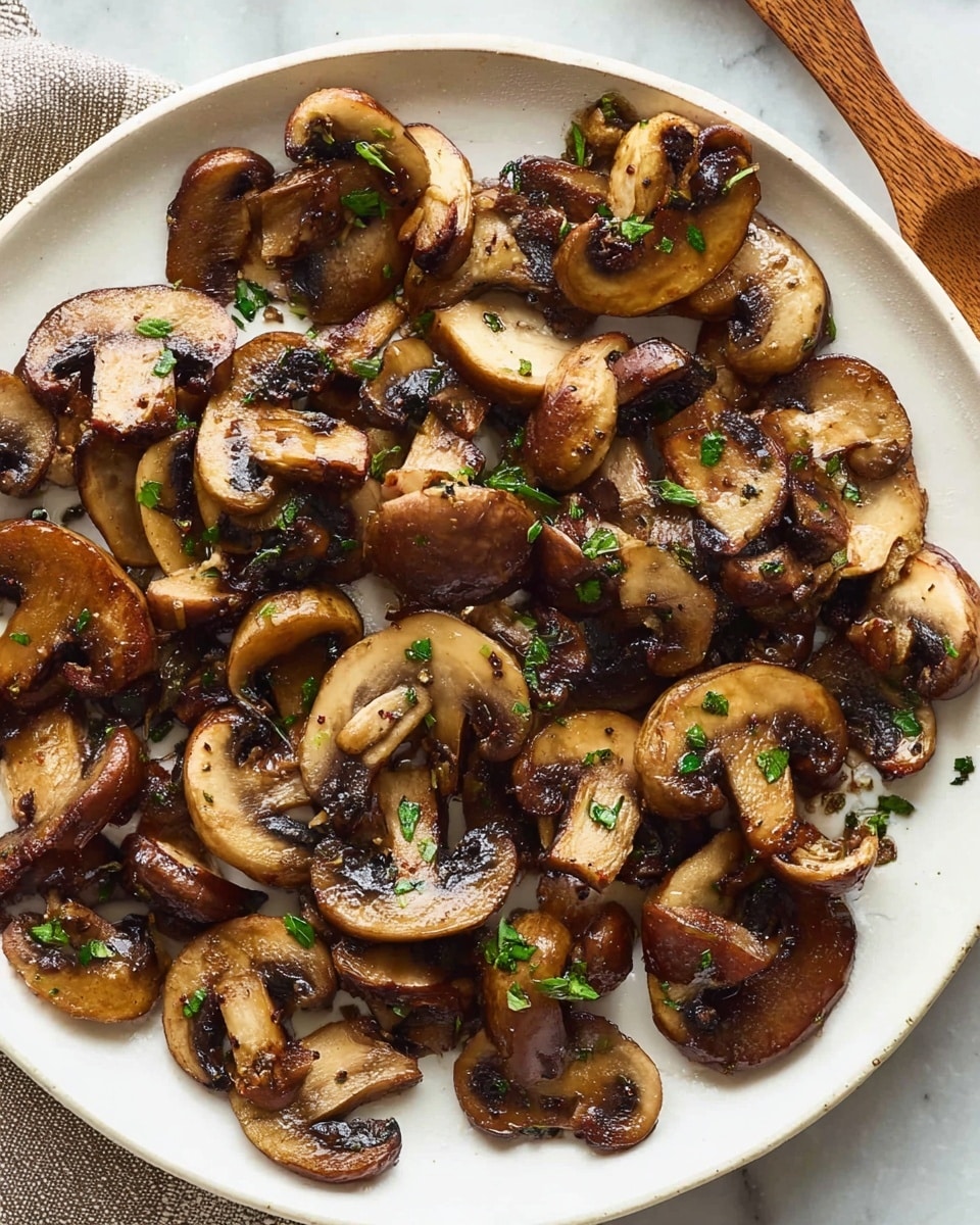The image shows many cooked mushroom slices spread out on a white plate, placed on a white marbled surface. The mushrooms have a rich brown color with some golden edges, showing a cooked texture with slight crispiness. Small green herb bits are sprinkled over the mushrooms for color contrast. The mushrooms vary in size and shape, and their soft, slightly glossy surface is visible. The plate fills much of the frame, and there is a corner of a wooden spoon visible on the right side. photo taken with an iphone --ar 4:5 --v 7
