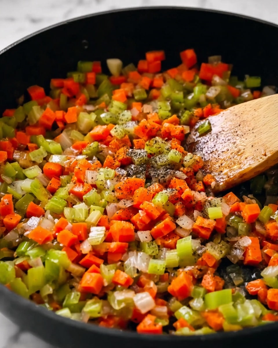 A close-up image shows a black pan filled with three layers of evenly diced vegetables: bright orange carrots, light green celery, and translucent white onions, all mixed with small bits of black seasoning spread throughout. A wooden spoon with a smooth texture is stirring the vegetables from the right side, with some cooked bits sticking to it. The background is a white marbled texture. Photo taken with an iphone --ar 4:5 --v 7