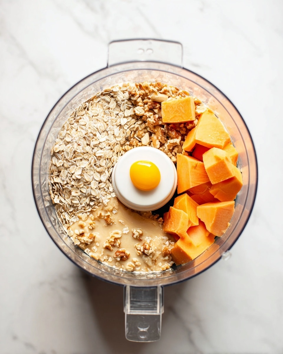 A food processor bowl sits on a white marbled surface, filled with three main layers: at the bottom is a layer of light beige rolled oats with some small bits of nuts mixed in, above the oats are chunky pieces of orange sweet potato arranged around the center, and a single bright yellow egg yolk sits prominently in the middle near the white food processor blade cover. The food processor is clear, showing the layers inside clearly. Photo taken with an iphone --ar 4:5 --v 7