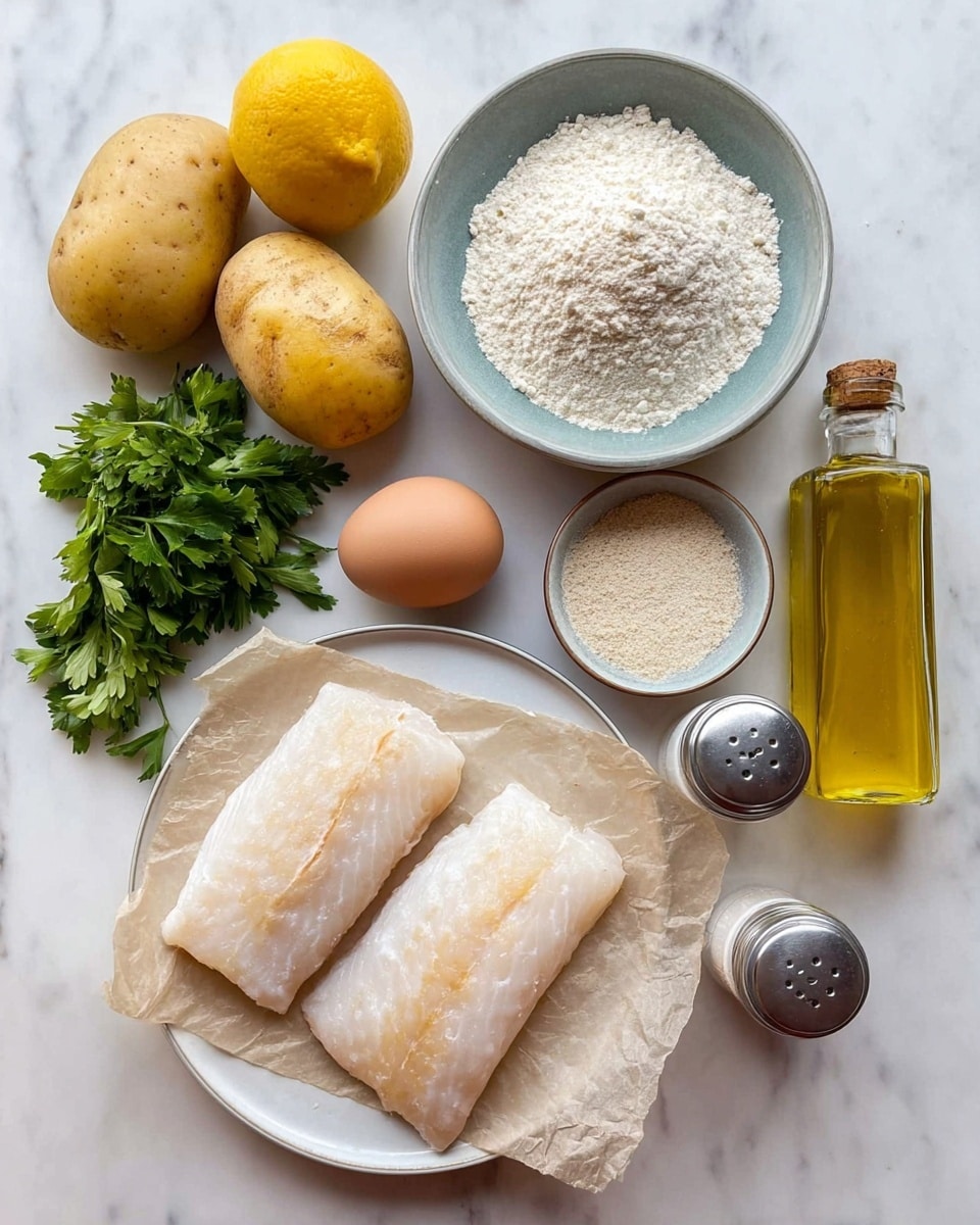 The image shows ingredients neatly arranged on a white marbled surface. At the center bottom, there is a white plate holding two pieces of raw pale beige fish fillets with a slight sheen, placed on a piece of parchment paper. To the left of the plate, two large yellow potatoes rest side by side. Below them, a bright yellow lemon and a small bunch of fresh green parsley are placed next to each other. Above the potatoes, there are two light gray bowls—one with white flour and the other with a coarse, pale beige powder. Slightly to the right, a single brown egg is set between the bowls and the plate. On the right-hand side of the image, there are two small clear glass shakers with silver tops, likely salt and pepper, next to a clear glass bottle filled with golden olive oil, sealed with a cork. The overall look is clean and organized, with natural light enhancing the colors. Photo taken with an iphone --ar 4:5 --v 7