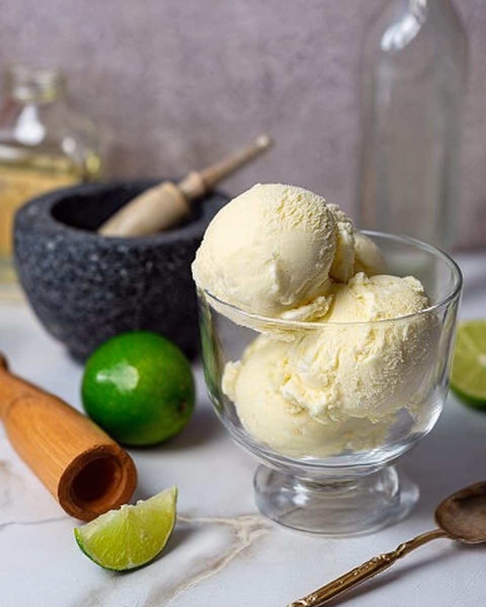A clear glass cup holds three large scoops of pale yellow ice cream, sitting on a white marbled surface. Around the cup are a green lime cut in half and a whole lime, a wooden juicer, a metal jigger, and a stone mortar and pestle with a spoon. A clear bottle is seen in the background. The scene is soft lit and focuses on the ice cream in the glass cup. photo taken with an iphone --ar 4:5 --v 7
