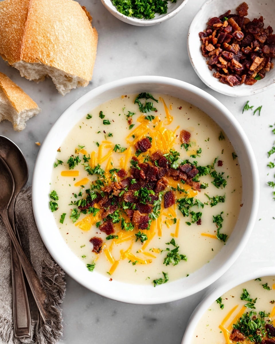 The image shows a white bowl filled with smooth, creamy potato soup that has a light beige color as the first layer. On top, there is a second layer of shredded bright orange cheddar cheese scattered unevenly. The third layer features crumbled dark brown crispy bacon pieces spread over the soup and cheese. Finally, the final layer is fresh green parsley leaves sprinkled over everything for a fresh look. The bowl is placed on a white marbled surface, nearby is a piece of broken crusty bread and two silver spoons. In the upper right, there are two smaller white bowls—one filled with more bacon bits and the other with chopped parsley. Photo taken with an iphone --ar 4:5 --v 7