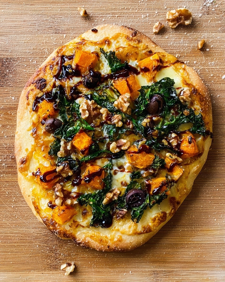 A small round pizza on a wooden surface with a slightly thick golden-brown crust that is uneven and bubbled in spots. The first layer is melted cheese with a light yellow color spreading across the dough. On top, there are chunks of roasted orange squash or pumpkin, dark green wilted kale leaves, sliced black olives, and small pieces of light brown walnuts scattered evenly. A drizzle of thick dark brown sauce is spread irregularly over the toppings, adding a glossy shine to some areas. Crumbs and small walnut pieces lie on the wooden surface around the pizza. photo taken with an iphone --ar 4:5 --v 7