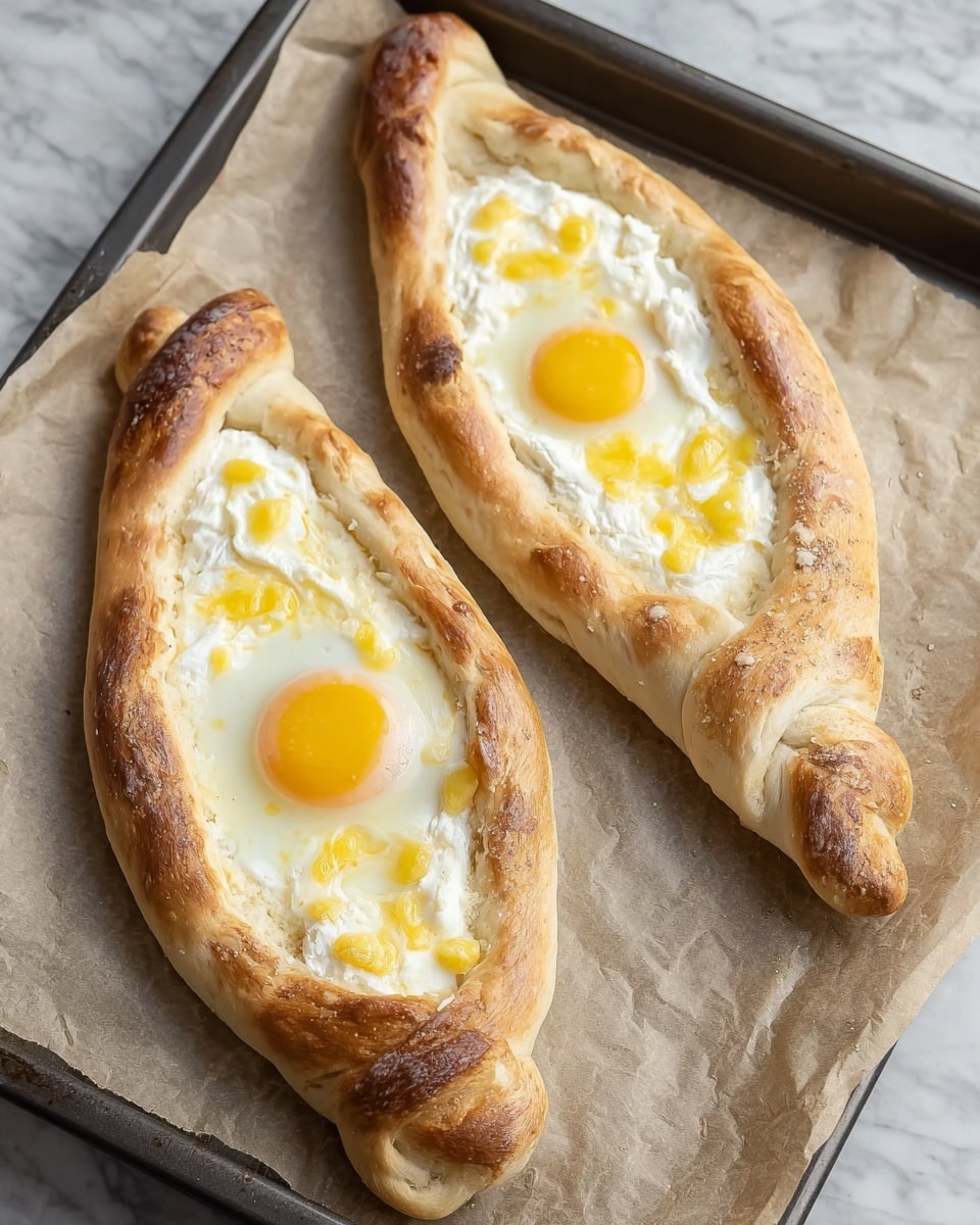 Two boat-shaped breads are placed on parchment paper over a baking tray. Each bread has a light golden-brown crust that is thick and twisted at both ends. Inside the bread is a layer of white cheese spread evenly, topped with small patches of melted yellow butter. In the center of each bread is a bright yellow egg yolk that stands out against the white cheese. The scene is set on a white marbled surface. photo taken with an iphone --ar 4:5 --v 7