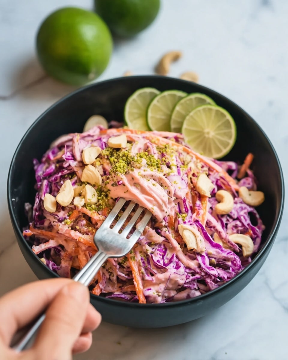 The image shows a black bowl filled with a colorful salad of shredded purple cabbage and thin orange carrot strips, all mixed with a creamy, light pink dressing. On top of the salad, there are whole and chopped cashew nuts, along with a sprinkling of green zest scattered carefully. At the back of the bowl, three slices of lime lean against the salad, adding a fresh green color. A woman's hand holding a silver fork reaches into the bowl from the right side. The bowl rests on a white marbled surface with two whole limes blurred in the background. Photo taken with an iphone --ar 4:5 --v 7