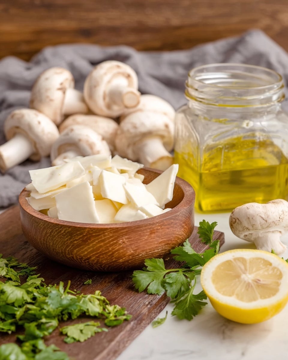 The image shows a wooden table with a wooden bowl full of white cheese slices in the foreground on the left. Behind and to the right of the bowl, there is a glass jar with golden oil. To the back, there are several whole white mushrooms on a gray cloth. In front of the bowl and jar, fresh green herbs are spread out on the table, and a cut lemon is placed on the bottom right corner. The setting uses a white marbled texture surface instead of the wooden table. photo taken with an iphone --ar 4:5 --v 7