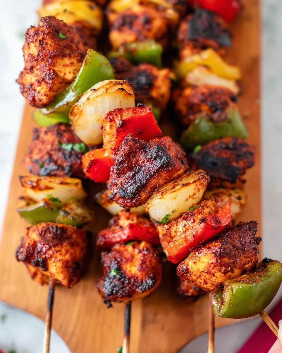 This image shows several grilled skewers placed closely together on a white wooden board over a white marbled surface. Each skewer has pieces of grilled chicken that look well-seasoned with a dark reddish-brown color and a slightly crispy texture. The chicken pieces are separated by chunks of green bell pepper, red bell pepper, and yellow onion, giving the skewers a mix of green, red, yellow, and brown colors. The peppers and onions have a light charred look with some black grill marks. One skewer is being held by a woman's hand on the right side of the image. The overall look is vibrant and smoky, with the wooden board offering a warm tone that contrasts with the fresh colors of the vegetables. photo taken with an iphone --ar 4:5 --v 7