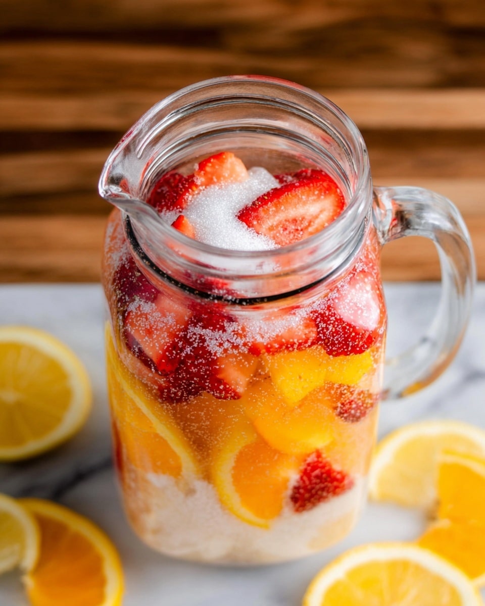 A clear glass jug is filled with layers of fruit and sugar. The bottom layer shows bright orange slices, smooth in texture, while red strawberry pieces with tiny seeds and soft texture sit on top. White sugar is sprinkled over the fruit layers, adding a grainy contrast. The jug handle is visible at the bottom right, and the jug sits on a white marbled surface with lemon slices placed nearby for decoration. Photo taken with an iphone --ar 4:5 --v 7