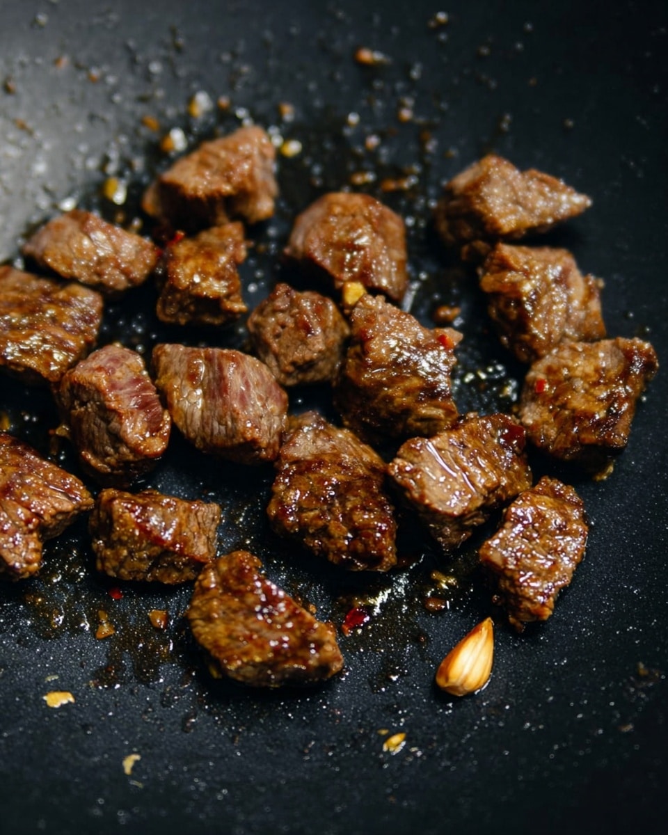 Small pieces of cooked meat are scattered in the middle of a dark black pan. The meat has a brown color with some shiny, slightly oily spots that catch the light. The surface under the meat is rough and charred, showing signs of high heat cooking. Small bits of seasoning or garlic are visible near the meat. The background is a white marbled texture. Photo taken with an iphone --ar 4:5 --v 7