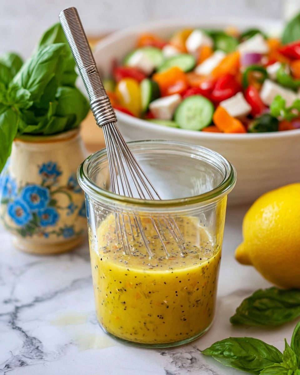 A clear glass jar filled halfway with a yellow dressing mixed with small black poppy seeds and a metal whisk standing upright inside, set on a white marbled surface; in the background on the right, a large white bowl is filled with a colorful salad made of green cucumber slices, red tomato chunks, orange bell pepper pieces, white cheese cubes, and green basil leaves; to the left, a small ceramic vase with blue floral patterns holds fresh green basil leaves, and part of a whole lemon with bright yellow skin is visible on the right side; some fresh green basil leaves also lay on the surface near the jar. photo taken with an iphone --ar 4:5 --v 7