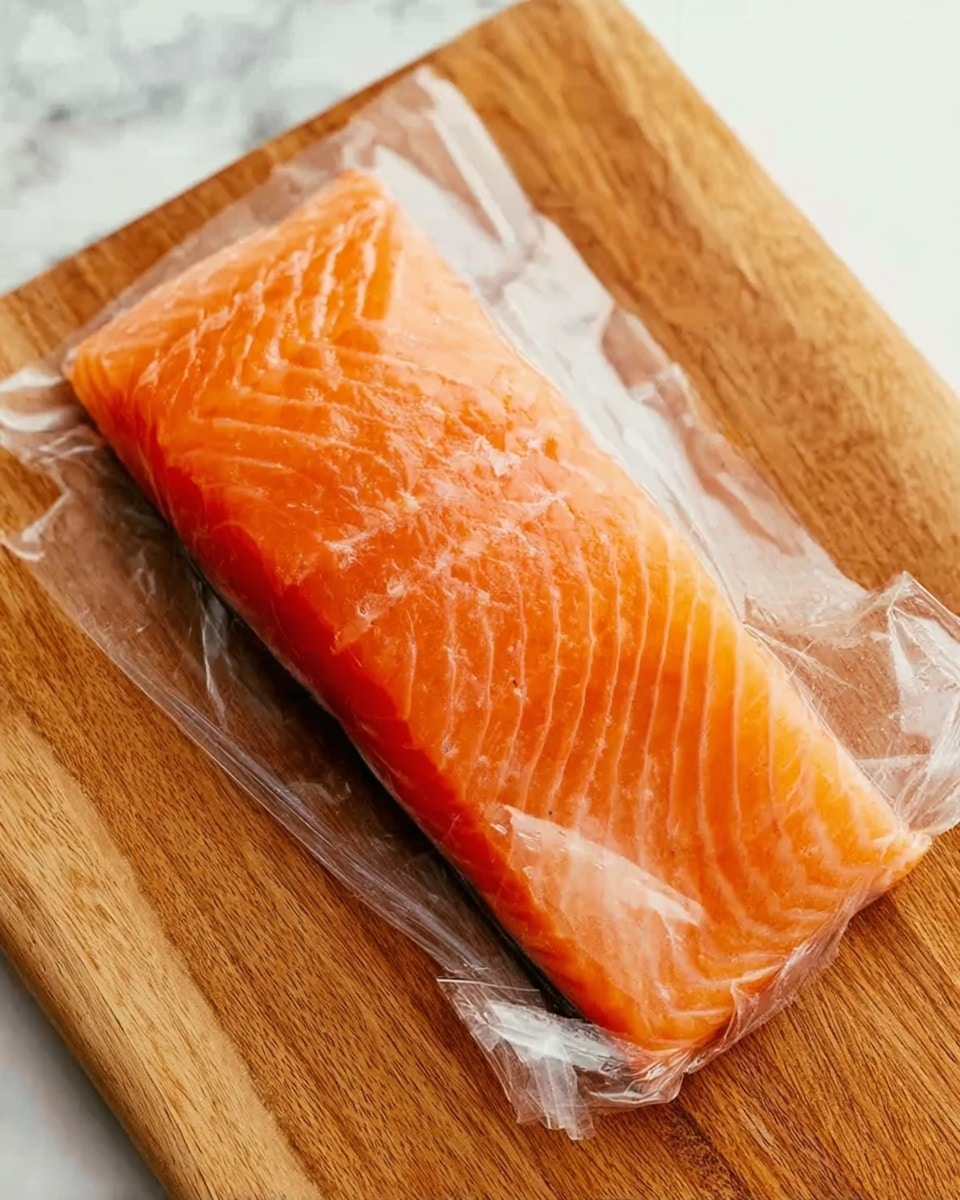 A fresh, bright orange piece of raw salmon lies on a wooden cutting board, with clear plastic wrap tightly covering it, showing the salmon’s smooth texture and natural fat lines clearly through the wrap. The wood board has a warm brown color with visible grain patterns. The background is a white marbled surface. photo taken with an iphone --ar 4:5 --v 7