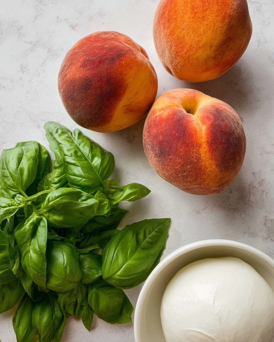 Three ripe peaches with fuzzy skin are placed on a white marbled surface next to fresh bright green basil leaves scattered loosely in small bunches. In the lower right corner, there is a white bowl filled with a smooth and creamy white ball of mozzarella cheese. The colors are natural and fresh with the peaches showing deep orange, red, and yellow tones, while the basil leaves are a vibrant green, contrasting with the pure white cheese and bowl. photo taken with an iphone --ar 4:5 --v 7