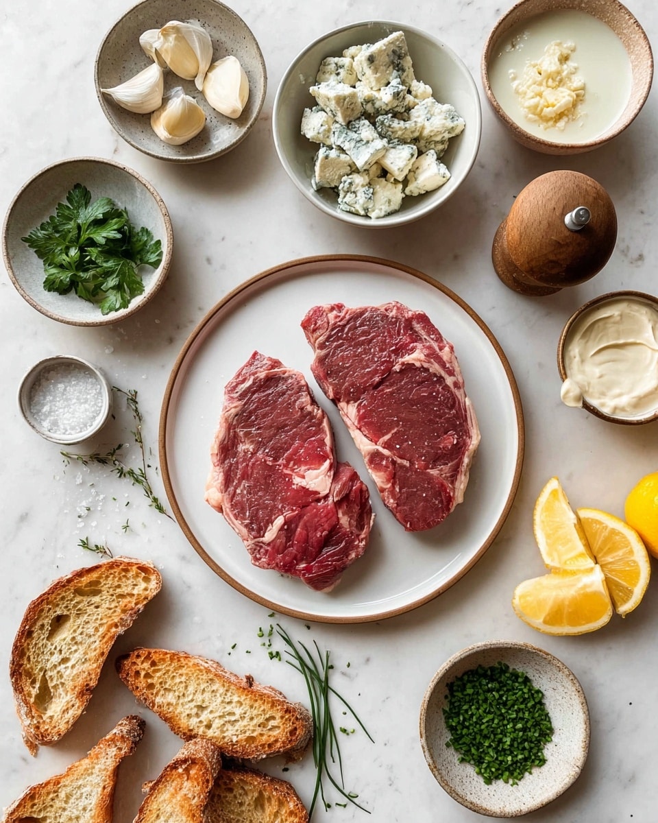 Two raw steaks with a deep red color and white marbling are placed side by side on a white plate with a brown rim, centered on a white marbled surface. Around the plate are multiple small bowls and ingredients: one bowl contains bright green fresh herbs and two peeled garlic cloves, another white bowl holds white and blue-veined cheese chunks, a smaller bowl with green chopped chives, and a grayish bowl has two creamy white sauces. A small round wooden pepper grinder stands near the cheese bowl, while a small dish of coarse white salt is nearby. Pieces of toasted bread with a golden-brown color are scattered around the plate, along with halved lemons showing bright yellow flesh. photo taken with an iphone --ar 4:5 --v 7
