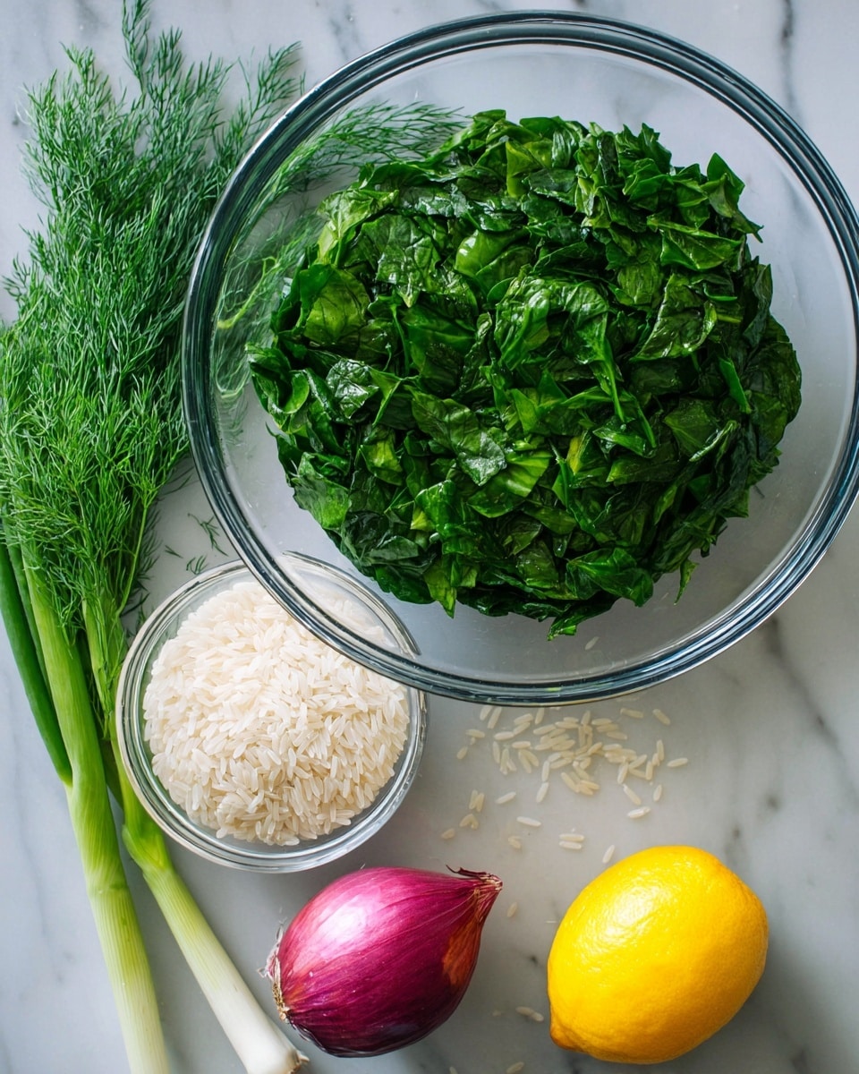 The image shows a large clear glass bowl filled with chopped green spinach leaves layered densely inside. Below this bowl, there is a smaller clear glass bowl holding white rice grains. Around these bowls, on a white marbled surface, lie a bunch of green dill with feathery leaves, a green onion with white roots, a bright yellow lemon, and a whole purple-red onion. All items are neatly arranged and brightly lit, highlighting their fresh textures and colors. photo taken with an iphone --ar 4:5 --v 7