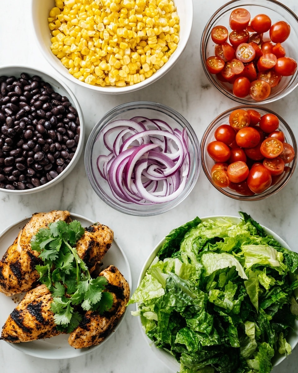 The image shows several white bowls and plates arranged on a white marbled surface. There are bright yellow corn kernels filling one white bowl, dark black beans closely packed in another white bowl, and halved red cherry tomatoes with smooth shiny skin in a clear glass bowl. Thinly sliced rings of purple onion lie on a white plate. A clear bowl holds fresh green leafy lettuce with some lighter green pieces on top. Two grilled chicken pieces with a golden brown color and darker grilled spots rest on a white plate, topped with fresh green cilantro leaves. photo taken with an iphone --ar 4:5 --v 7