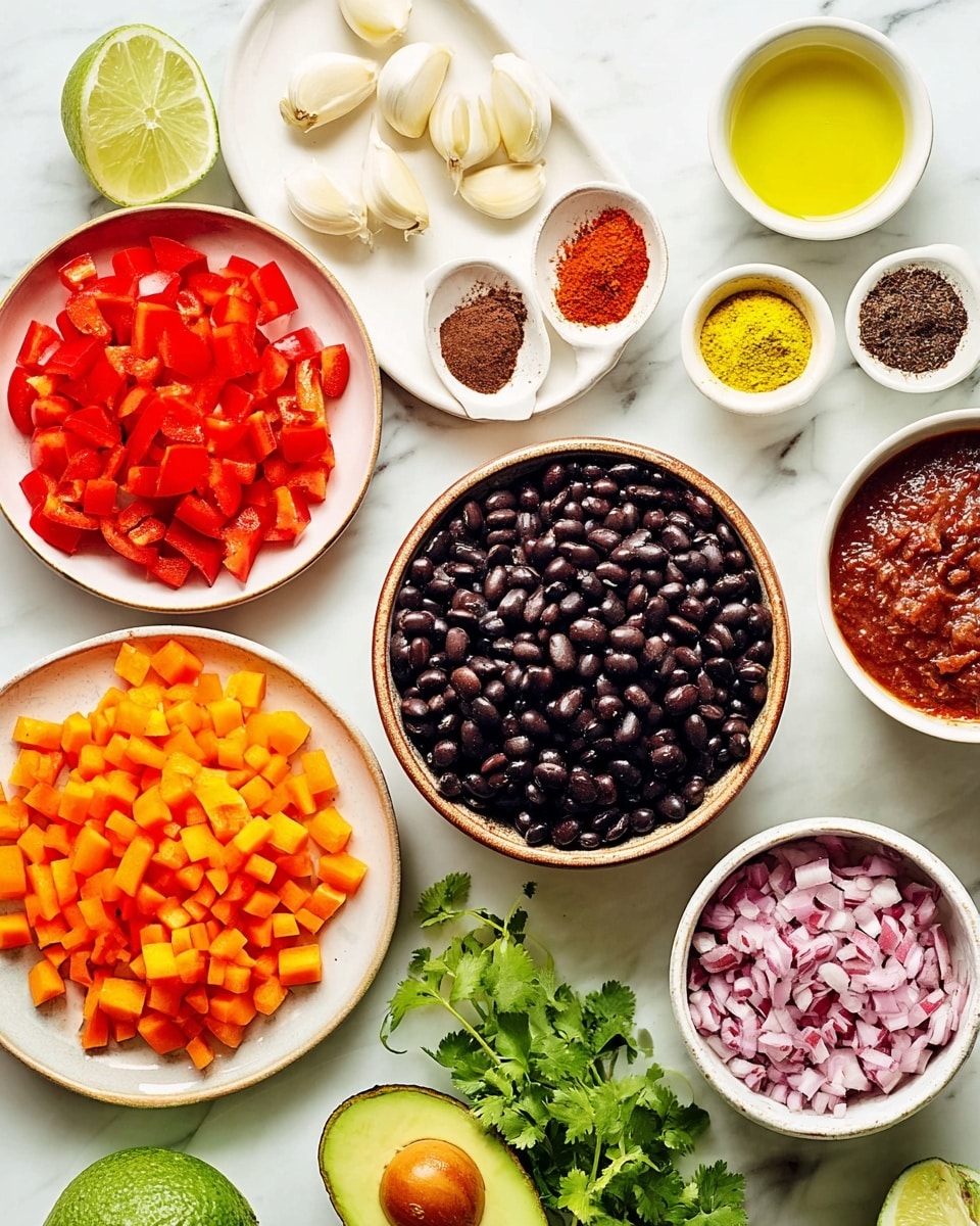 A top-down view of various ingredients arranged neatly on a white marbled surface. In the center is a round bowl full of shiny black beans with a smooth texture. Above it is a big white plate holding peeled garlic cloves, a half white onion, red and yellow powdered spices in small scoops, and a small container of greenish-yellow oil. To the left, a white plate is filled with chopped red bell peppers and orange carrots in small cubes. Around the plates are lime halves, a cut avocado showing its brown pit, fresh leafy cilantro, finely chopped red onions in a small white dish, and a white bowl full of a chunky red sauce. The colors contrast well with the clean white marbled background. photo taken with an iphone --ar 4:5 --v 7