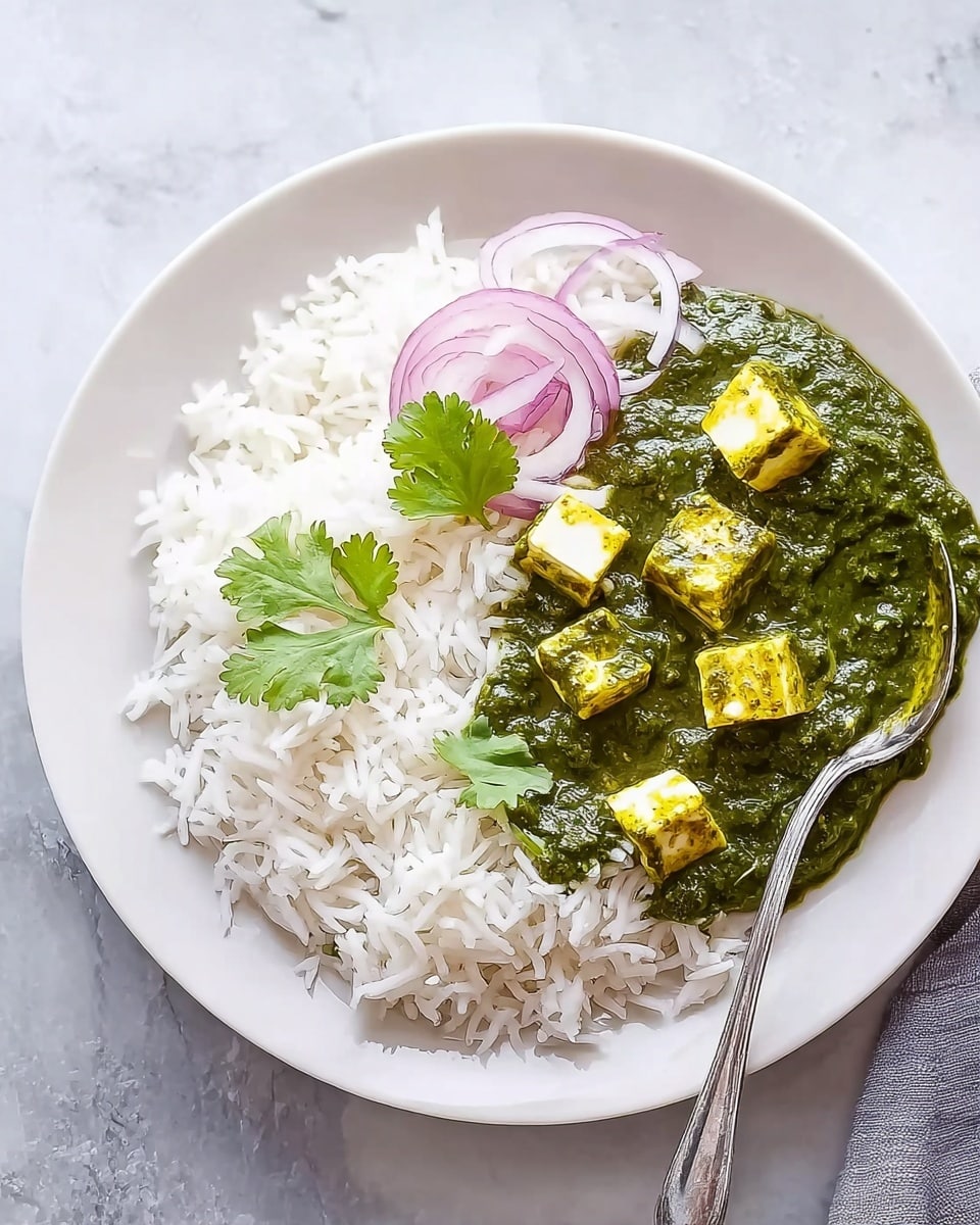 A white plate holds a serving of white rice that takes up most of the plate's space. On the right side of the rice, there is a green sauce with pieces of paneer cheese, which are yellowish-white cubes coated in the sauce. Two sprigs of fresh green cilantro rest on the rice near the sauce. On the left side of the plate, thin slices of red onion add a touch of purple. A silver spoon is partially dipped into the green sauce on the right side of the plate. The background is a white marbled texture. photo taken with an iphone --ar 4:5 --v 7