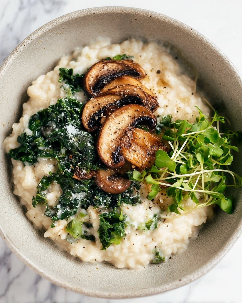 The dish shows a creamy white risotto base that looks soft and slightly lumpy. On top of it, there are dark green wilted kale leaves mixed into the risotto, giving a textured look. Over one side, there are three thick slices of cooked brown mushrooms with a slightly shiny surface and some black specks of pepper on them. To the side, there is a small bunch of fresh green microgreens adding a fresh touch. Everything is served in a round bowl with a soft gray speckled inside and placed on a white marbled surface. photo taken with an iphone --ar 4:5 --v 7