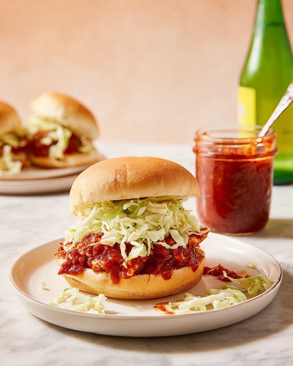 The dish shows a white plate with a sandwich in the center. The sandwich has a soft light brown bun on top and bottom. Between the buns, there is a thick layer of red sauce-covered meat and a generous layer of pale green shredded cabbage on top. Some cabbage and red sauce pieces are scattered on the plate around the sandwich. In the background, there is a second sandwich on a white plate and a third sandwich without a plate. There is also a glass jar of chunky red sauce with a silver spoon in it, and a green glass bottle with a yellow label, all placed on a white marbled surface with a blurred pale peach background. Photo taken with an iphone --ar 4:5 --v 7