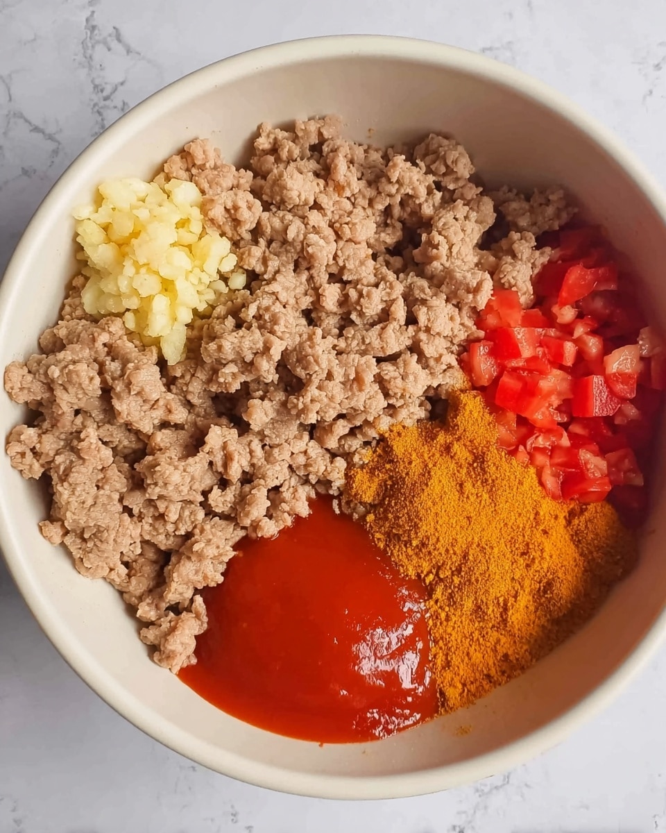 The image shows a white bowl filled with five different ingredients arranged closely together without mixing. Ground meat takes up most of the space, with a light brown color and a crumbly texture. Near the top left, there is a small pile of light yellow minced garlic. To the right of the garlic, there are small chopped bright red tomatoes. Adjacent to the tomatoes, on the right side of the bowl, there is a mound of orange spice powder. In the bottom center of the bowl, there is a smooth, shiny red sauce forming a small pool. The bowl is sitting on a white marbled surface. Photo taken with an iphone --ar 4:5 --v 7